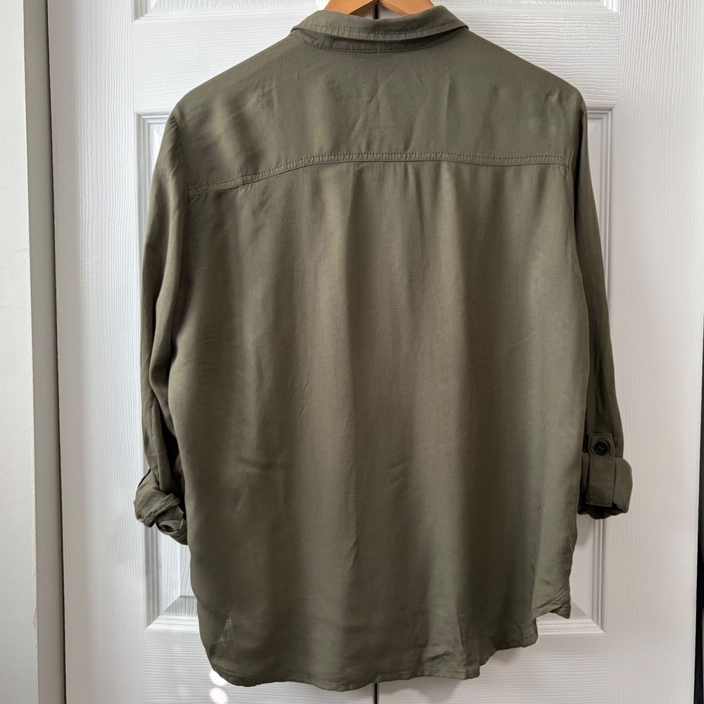 H&M Divided Olive Green Patch Utility Shirt Boss Lady Viscose Womens 12 - Picture 8 of 8